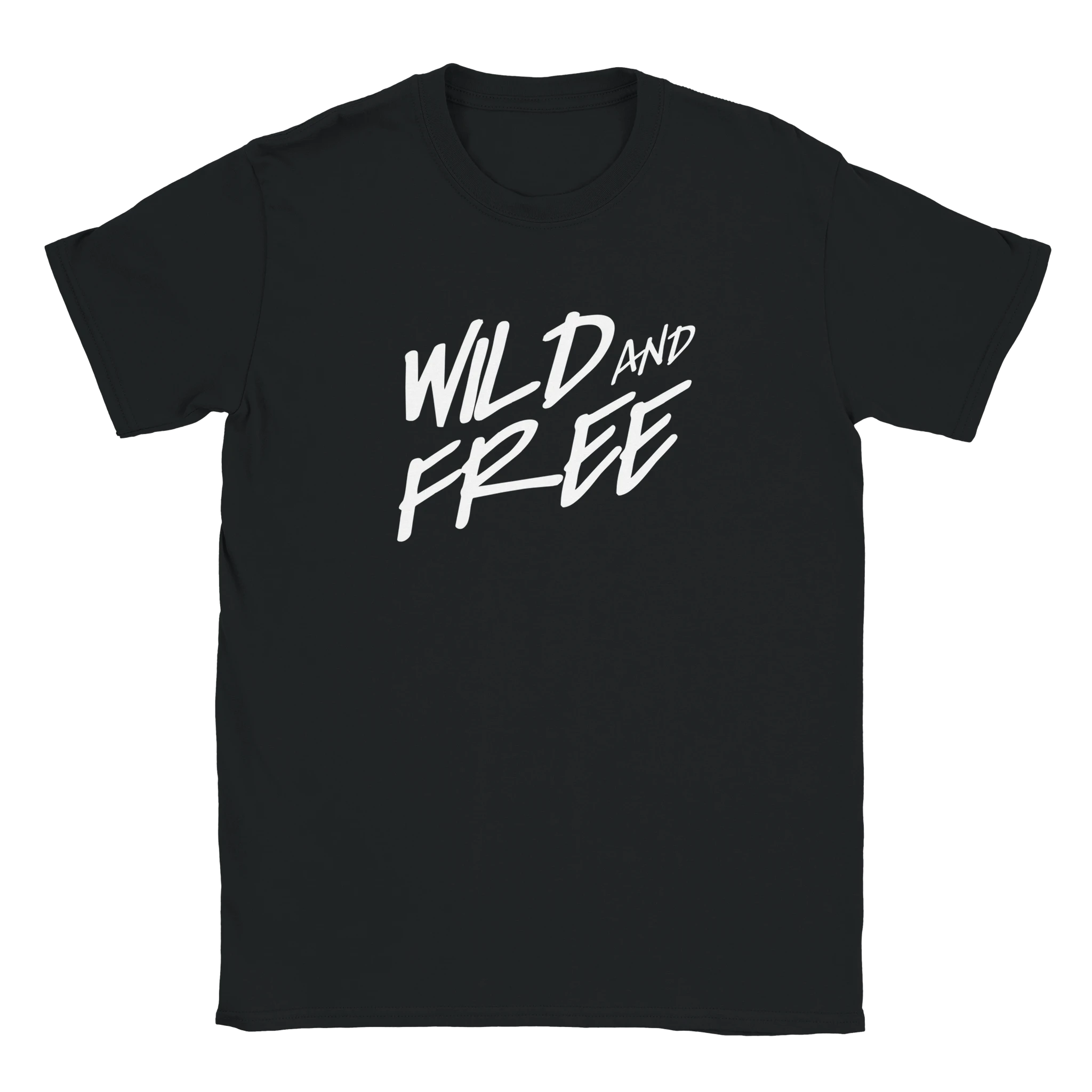 Black T-shirt with bold white Wild and Free slogan and palm trees motif, retro women's top.