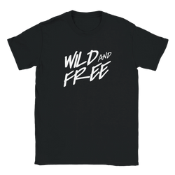 Black T-shirt with bold white Wild and Free slogan and palm trees motif, retro women's top.