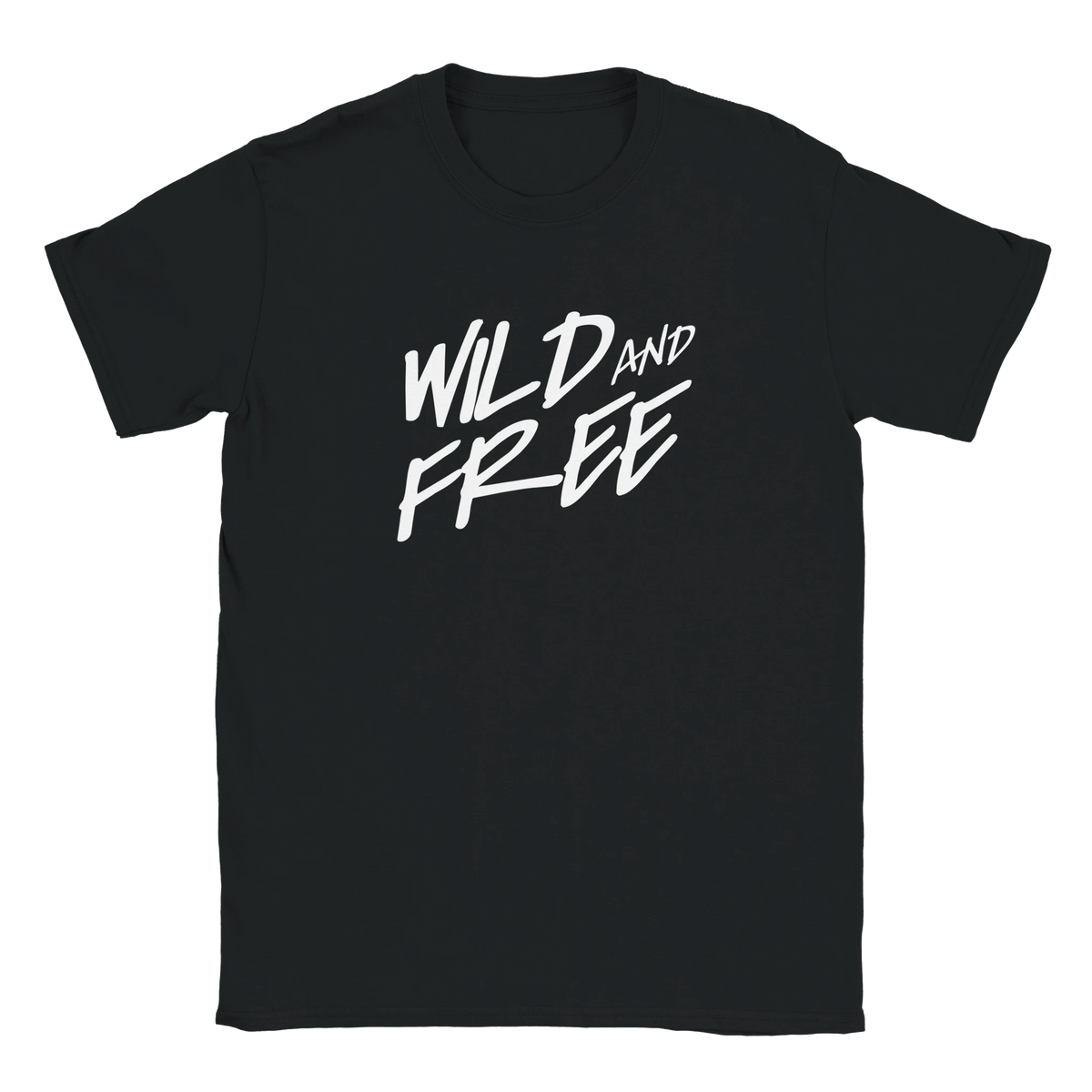Black T-shirt with bold white Wild and Free slogan and palm trees motif, retro women's top.