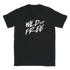 Black T-shirt with bold white Wild and Free slogan and palm trees motif, retro women's top.