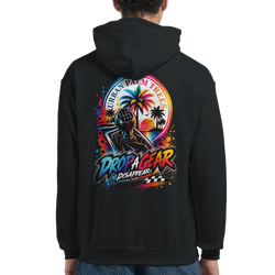 Black men's hoodie featuring a back graphic with a manual gear shifter, palm trees, and "Drop A Gear Disappear" text.