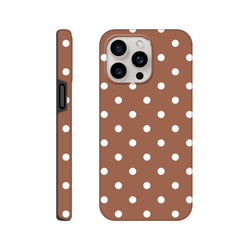 Retro brown and white polka dot tough iPhone case featuring shock-absorbing TPU construction for iPhone 13-16 Pro Max protective cover.
