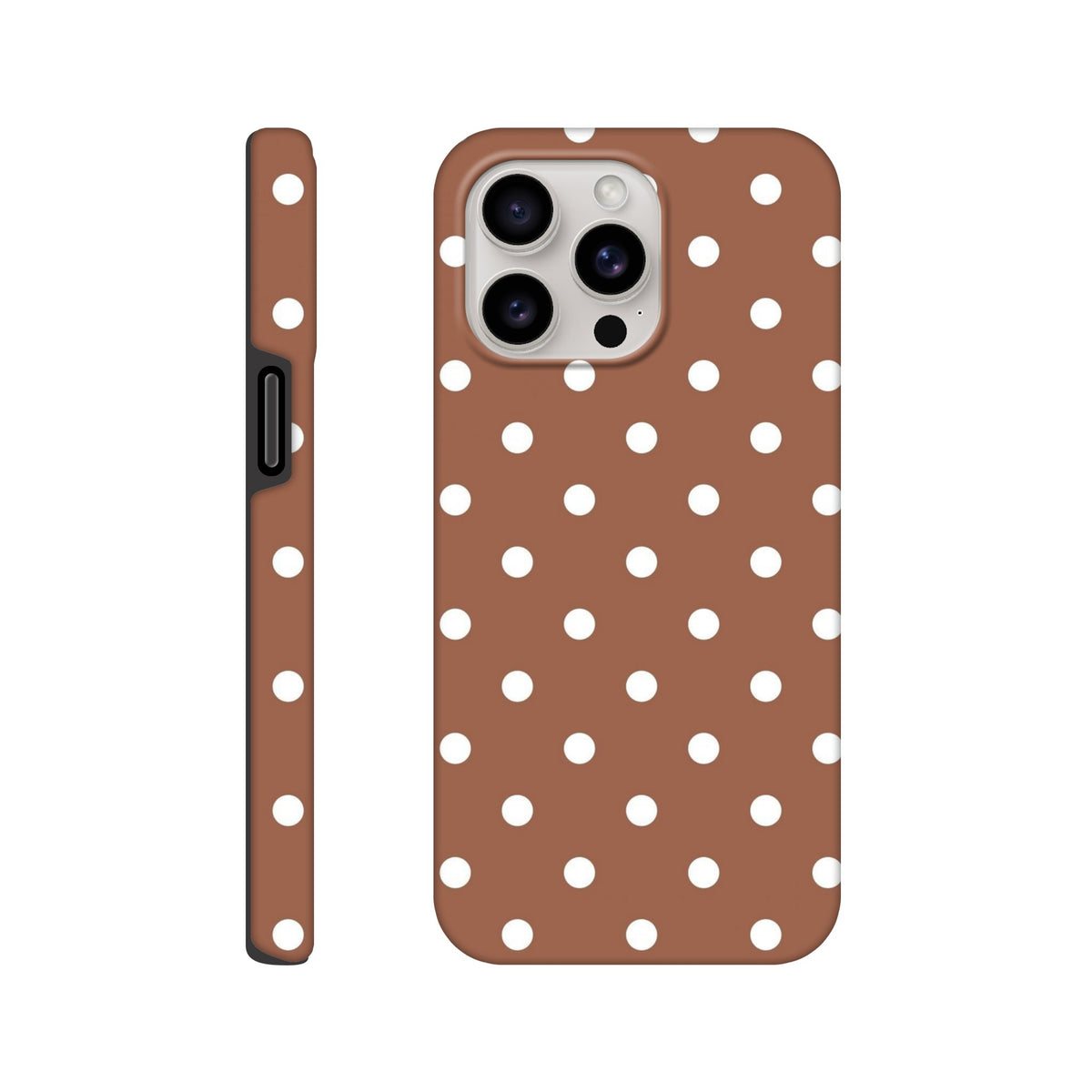 Retro brown and white polka dot tough iPhone case featuring shock-absorbing TPU construction for iPhone 13-16 Pro Max protective cover.