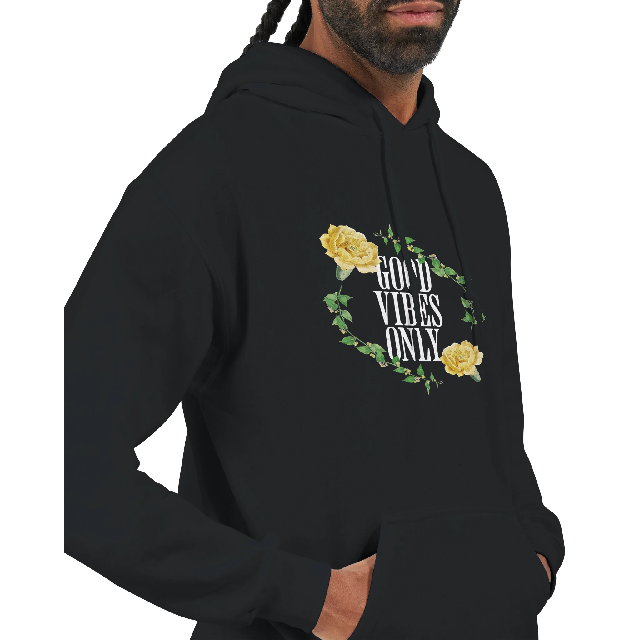 Men's black hoodie featuring a floral circular frame with 'Good Vibes Only' slogan, 50/50 cotton-poly, front pouch pocket.