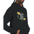 Men's black hoodie featuring a floral circular frame with 'Good Vibes Only' slogan, 50/50 cotton-poly, front pouch pocket.