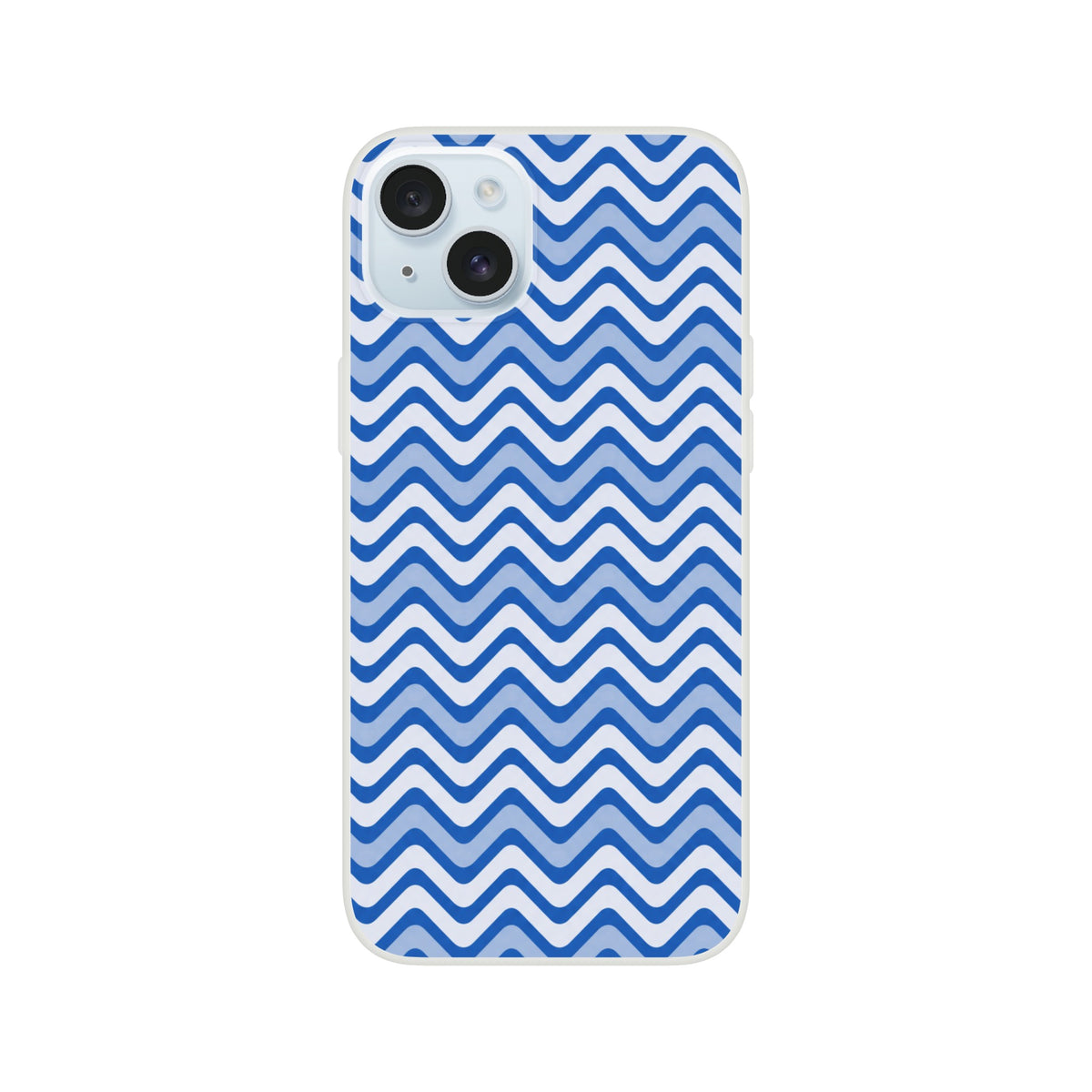 Blue wavy stripe iPhone case featuring retro geometric chevron pattern. Frosty transparent surf design with shock-absorbing matte TPU protection for iPhone 13-16.