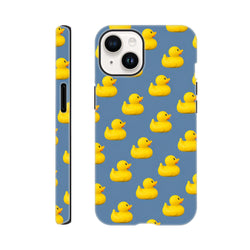 Blue iPhone case featuring a repeating pattern of cute yellow rubber ducks for a fun, kawaii streetwear look.