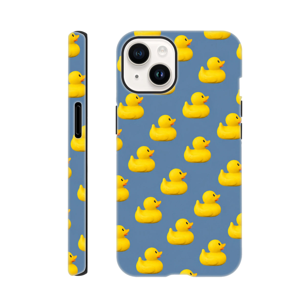 Blue iPhone case featuring a repeating pattern of cute yellow rubber ducks for a fun, kawaii streetwear look.