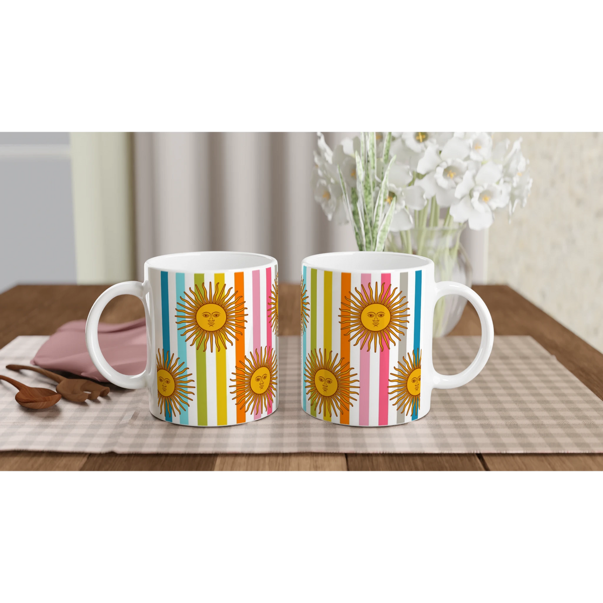 Set of three Retro Rainbow Sun Mugs with multicolor stripes and sun motif on a dining table.