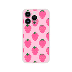 Pink strawberry-pattern iPhone case for 13–16 with kawaii fruit aesthetic and green leaves.