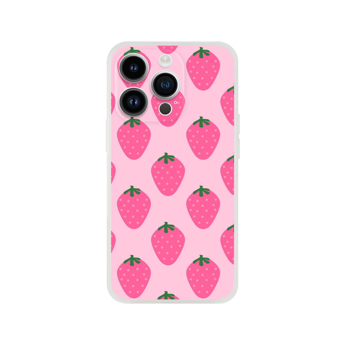 Pink strawberry-pattern iPhone case for 13–16 with kawaii fruit aesthetic and green leaves.