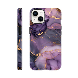 Luxury purple & gold marble iPhone case featuring abstract fluid art with gold accents and wraparound design for tough protection.