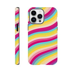Retro rainbow wave stripe tough iPhone case with shock-absorbing TPU protection for daily use and vivid, scuff-resistant graphics.