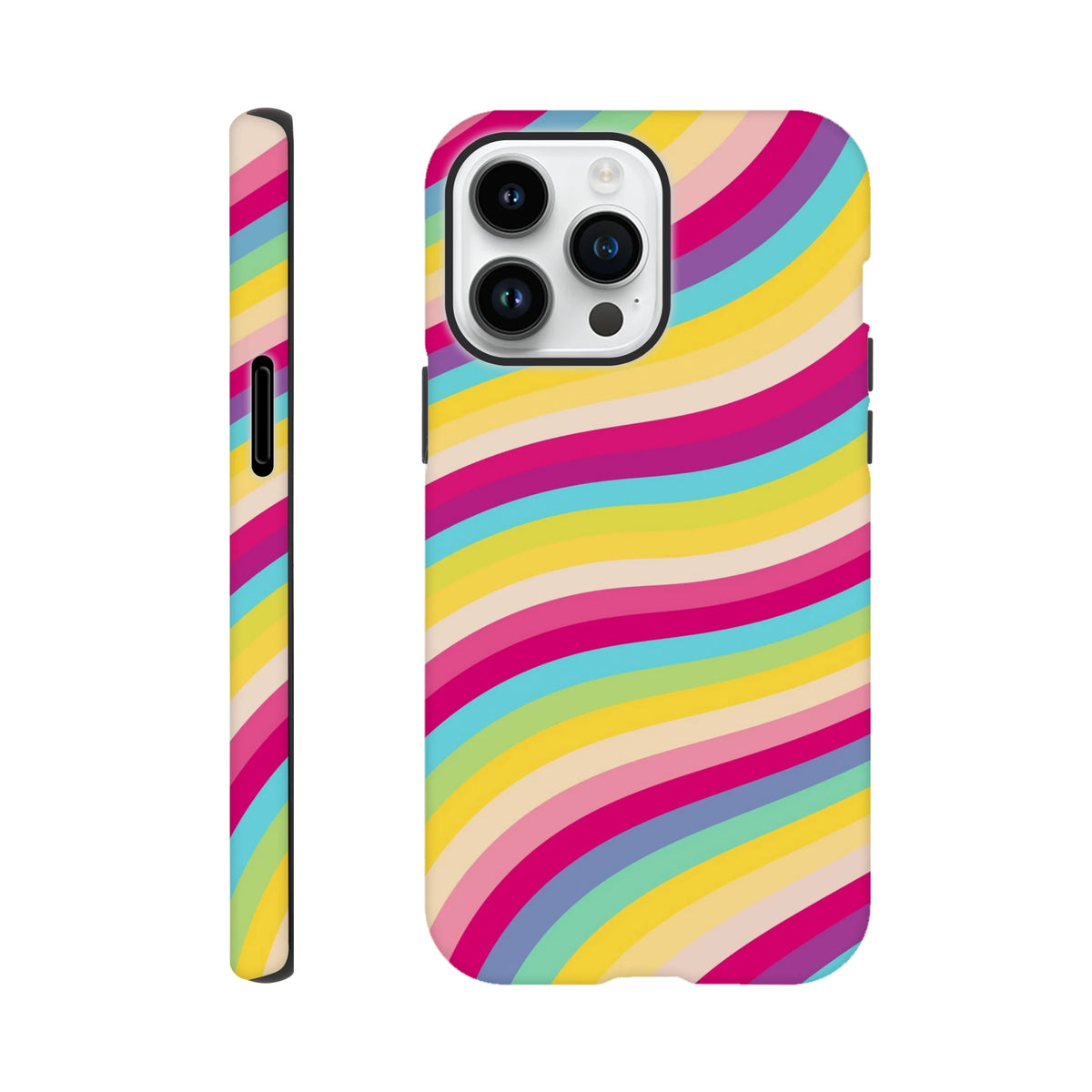 Retro rainbow wave stripe tough iPhone case with shock-absorbing TPU protection for daily use and vivid, scuff-resistant graphics.