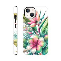 Tropical hibiscus and botanical leaf print tough iPhone case providing impact-resistant protection with vivid floral street styling.