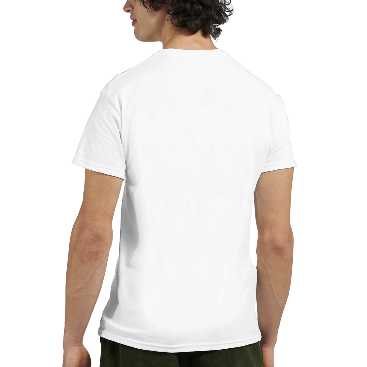 Back view of a man wearing a plain white pop art graphic t-shirt for men, showcasing the bold streetwear aesthetic fit.