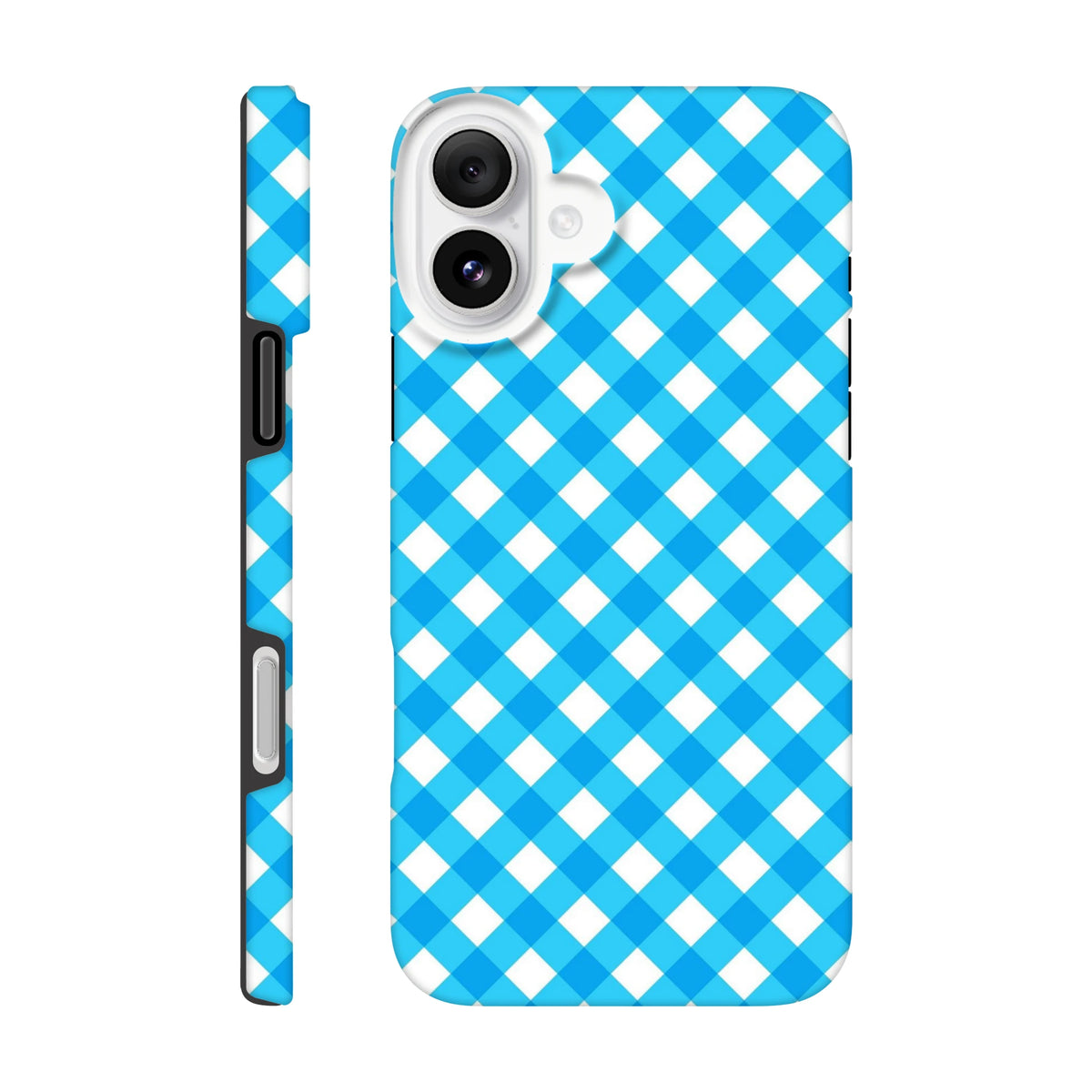 Blue gingham checkered tough iPhone case featuring a cute retro cover design with shock-absorbing protection for daily use.