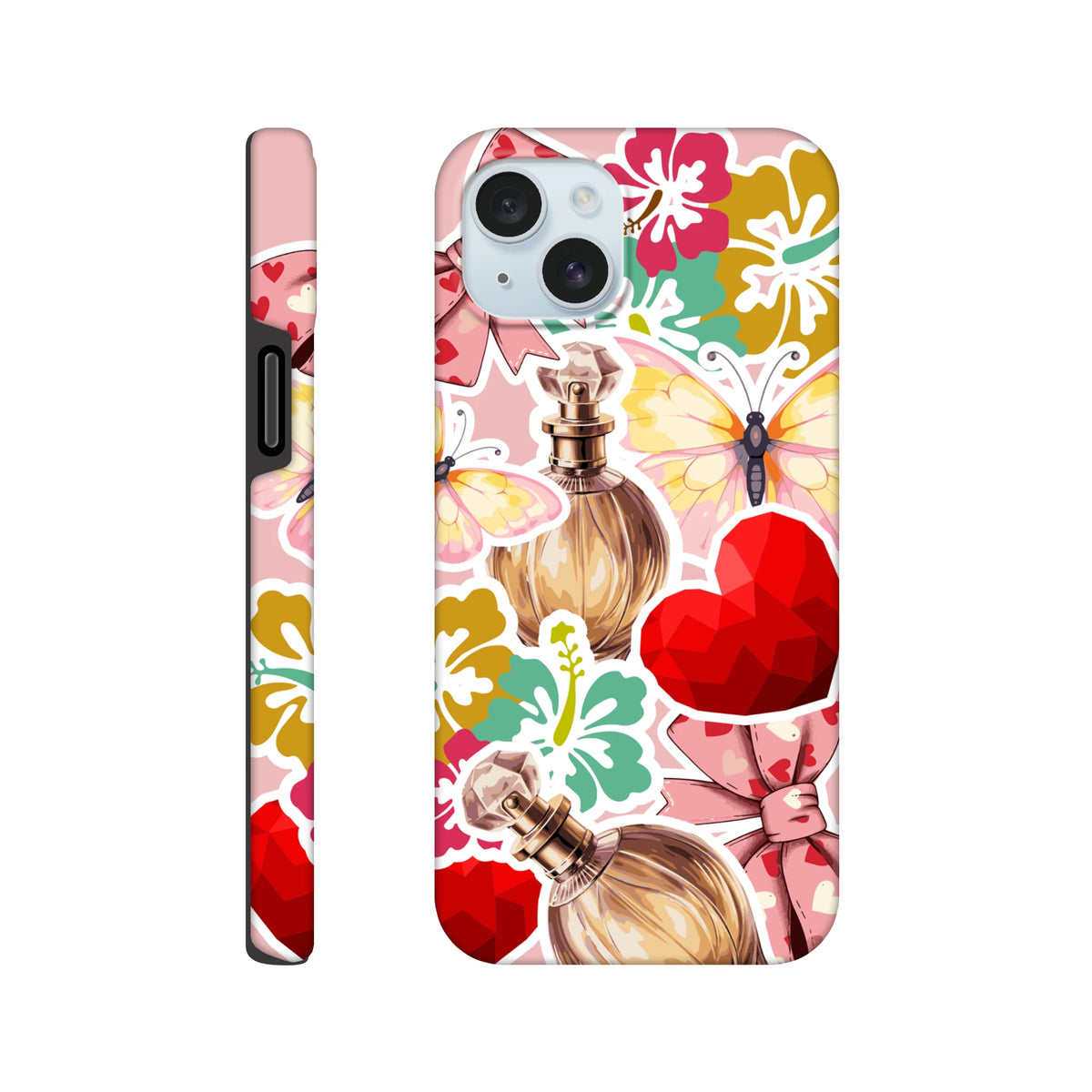 Pink floral iPhone case featuring sticker-style perfume bottles, butterflies, hearts, and colorful flowers on a tough full-wrap cover.