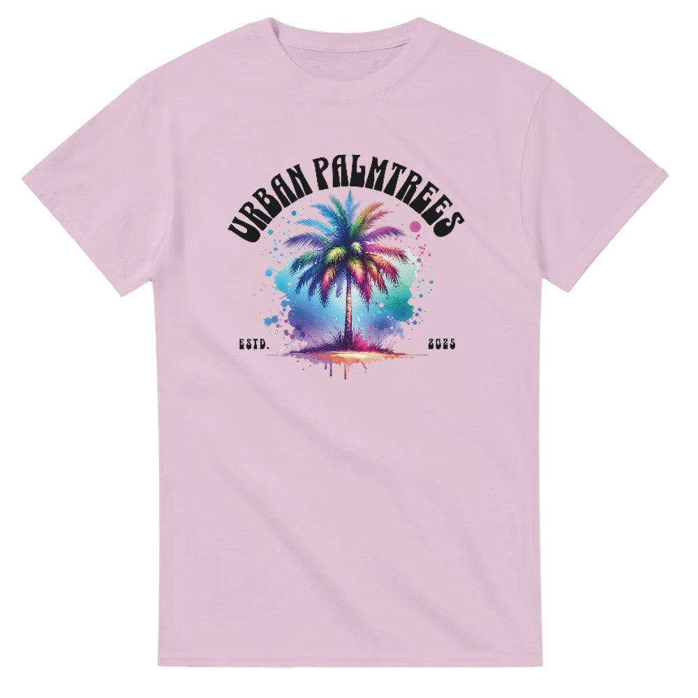 Urban Palm Trees T-Shirt with colorful palm tree graphic on a soft pink cotton blend tee
