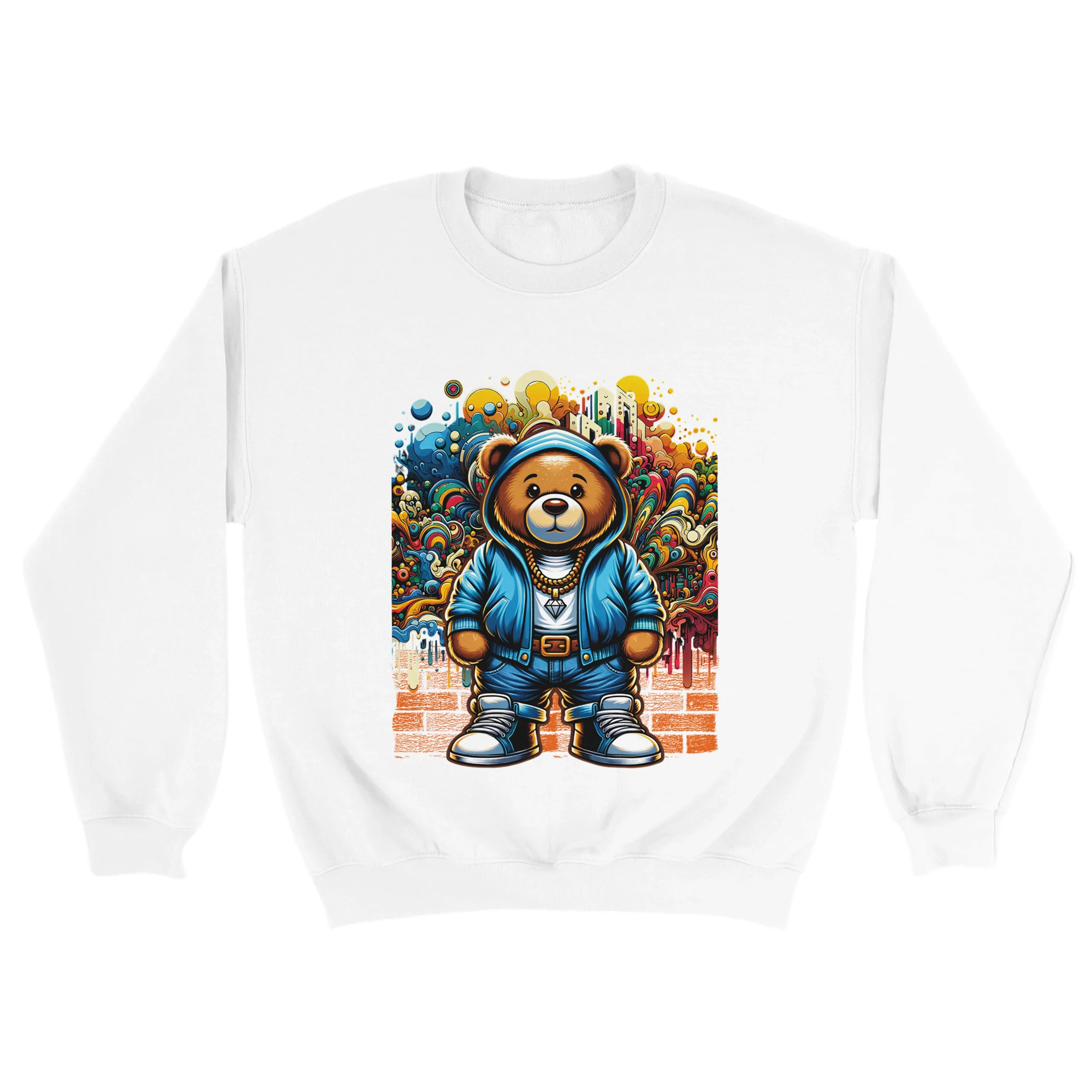 Urban Teddy Bear men's graphic sweatshirt featuring bear in blue hoodie and sneakers amid colorful graffiti