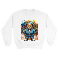Urban Teddy Bear men's graphic sweatshirt featuring bear in blue hoodie and sneakers amid colorful graffiti