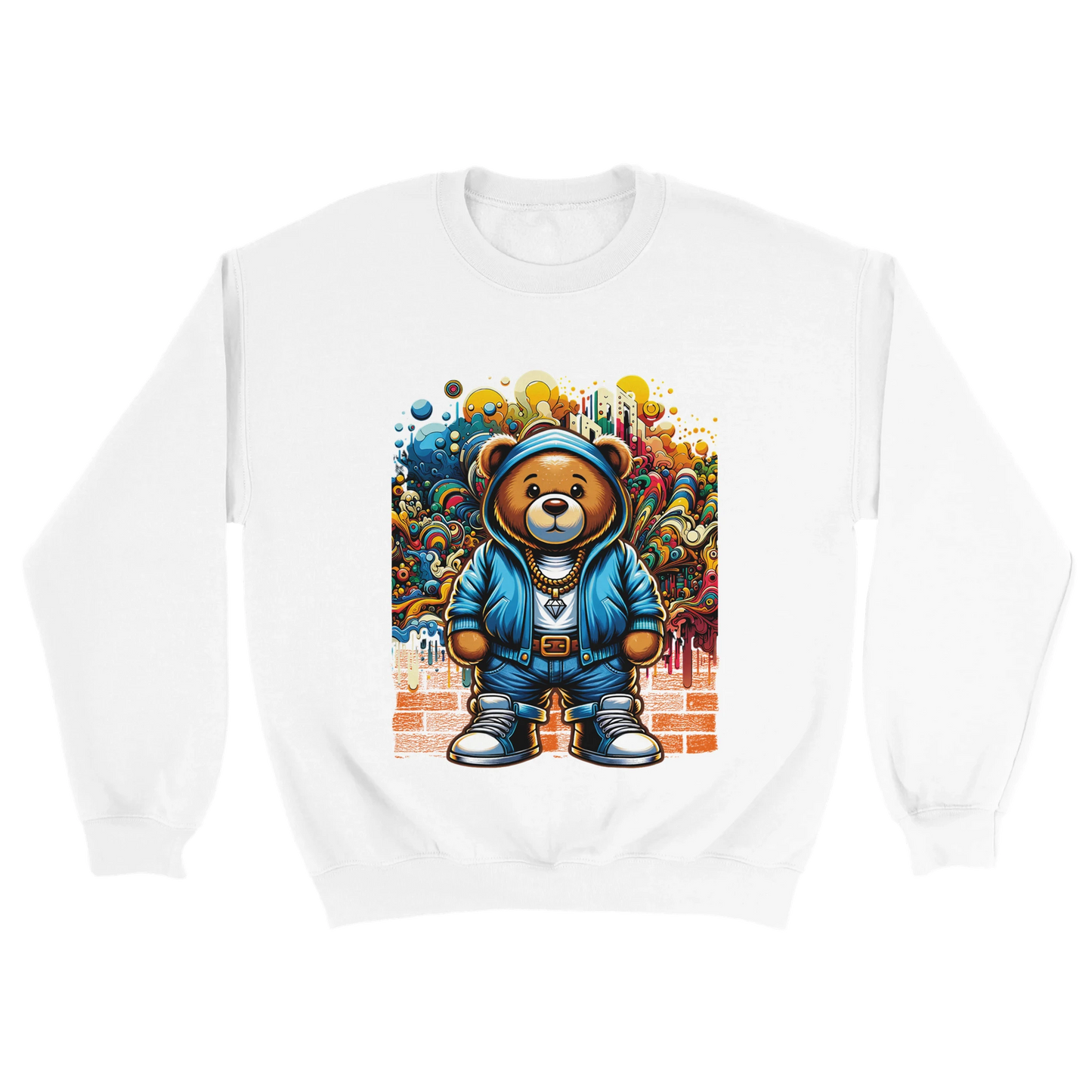 White men's graphic sweatshirt with a colorful graphic of a bear wearing a blue jacket on a white background