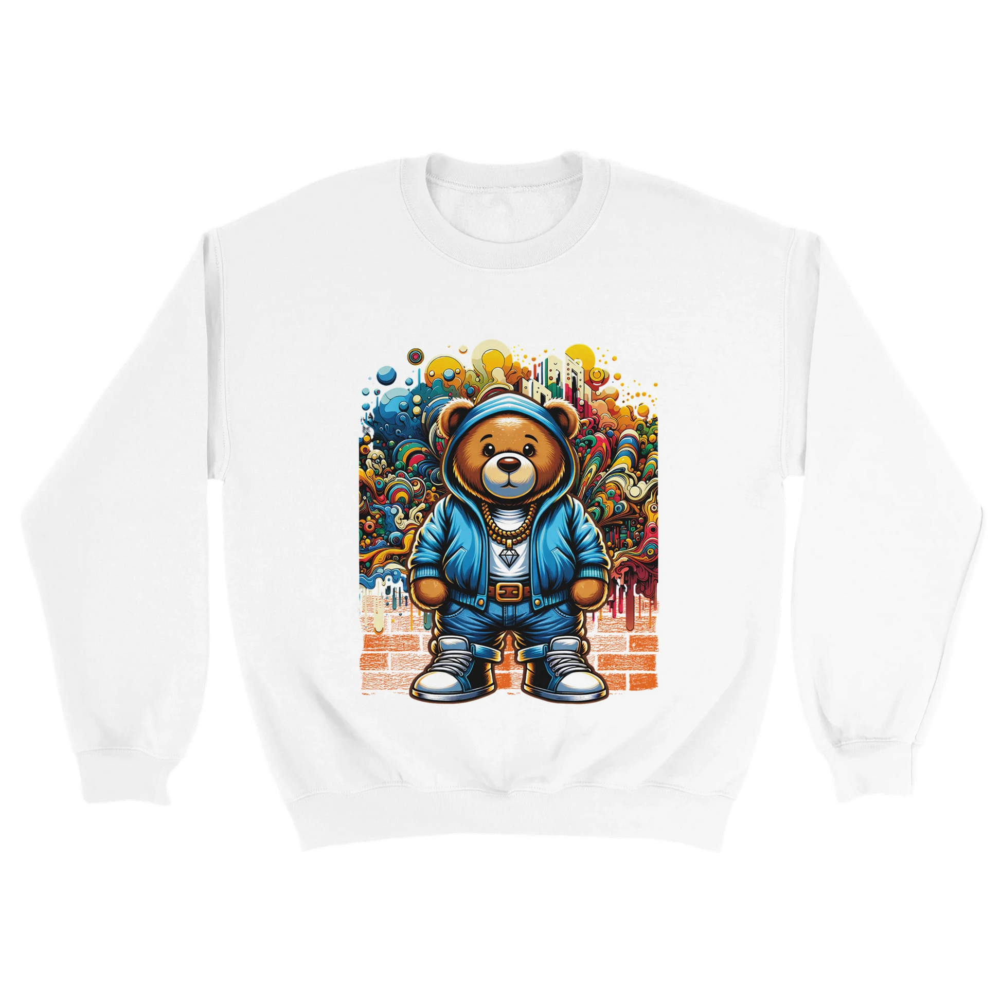 White men's graphic sweatshirt with a colorful graphic of a bear wearing a blue jacket on a white background