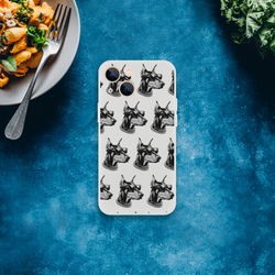 Gangster Dog iPhone case for 13-16, slim clear protective cover with repeating dog heads wearing sunglasses and chains.