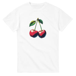 Cherries graphic T-shirt on white cotton blend with red cherries and green leaves.