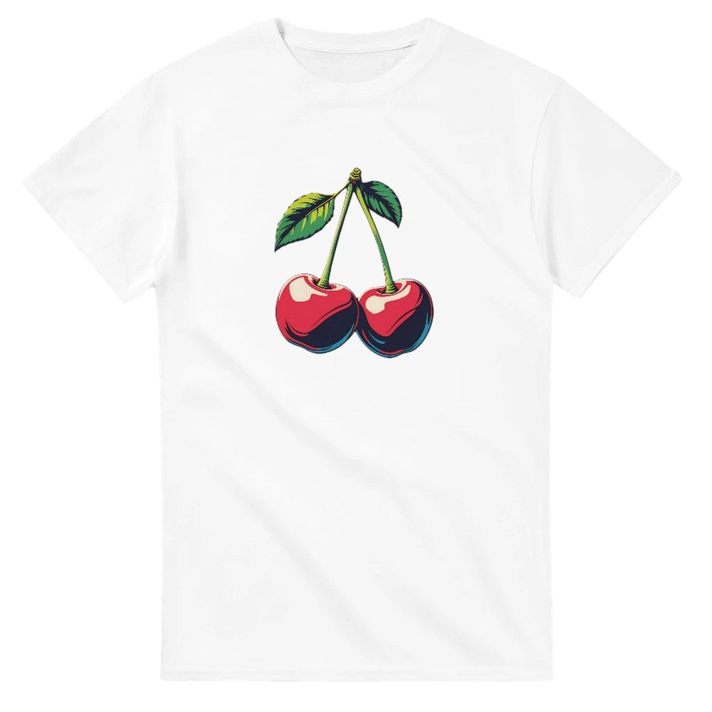 Cherries graphic T-shirt on white cotton blend with red cherries and green leaves.