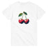 Cherries graphic T-shirt on white cotton blend with red cherries and green leaves.
