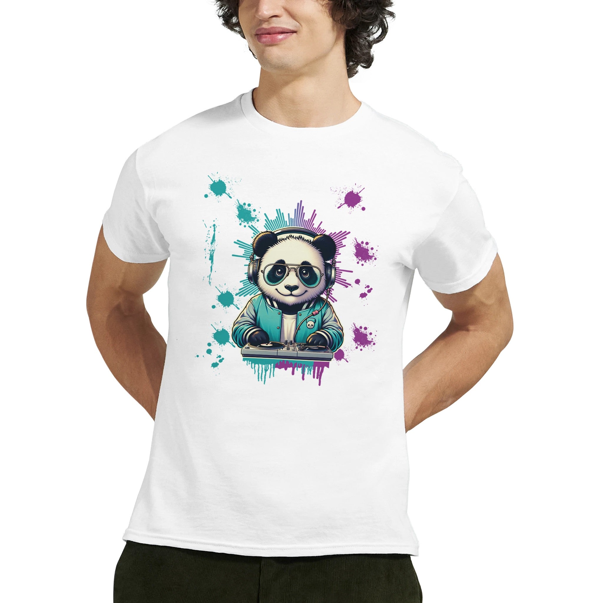White men's panda DJ graphic T-shirt with headphones at a turntable and colorful paint splashes.