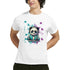 White men's panda DJ graphic T-shirt with headphones at a turntable and colorful paint splashes.