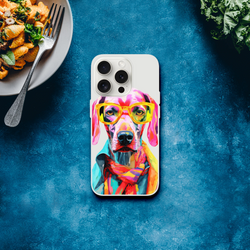 Colorful dog portrait on a transparent Gent Dog phone case, slim protective cover for iPhone 13–16 with yellow sunglasses.