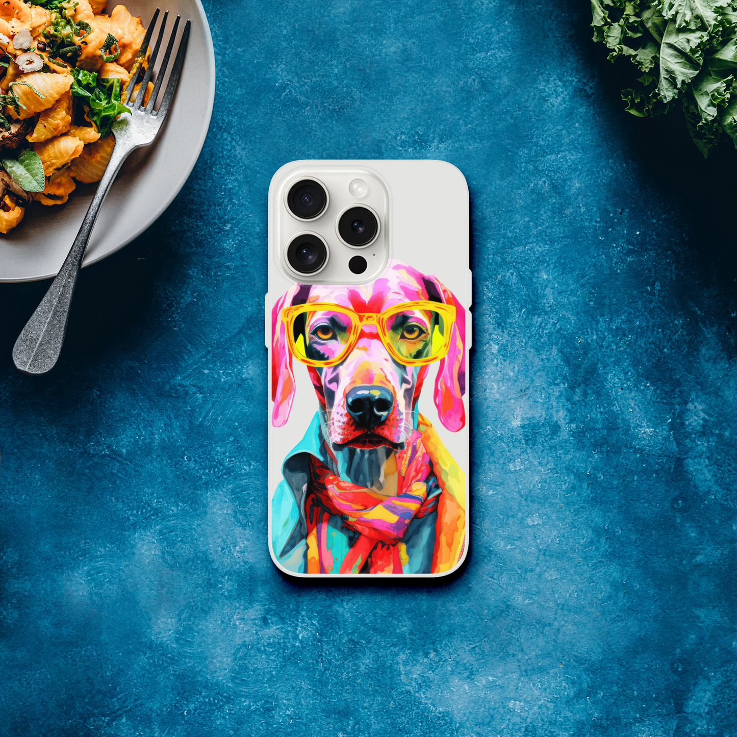 Colorful dog portrait on a transparent Gent Dog phone case, slim protective cover for iPhone 13–16 with yellow sunglasses.