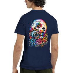 Navy men's graphic tee back featuring vibrant turbo, palm trees, and "Urban Palm Trees" text in retro sunset style.