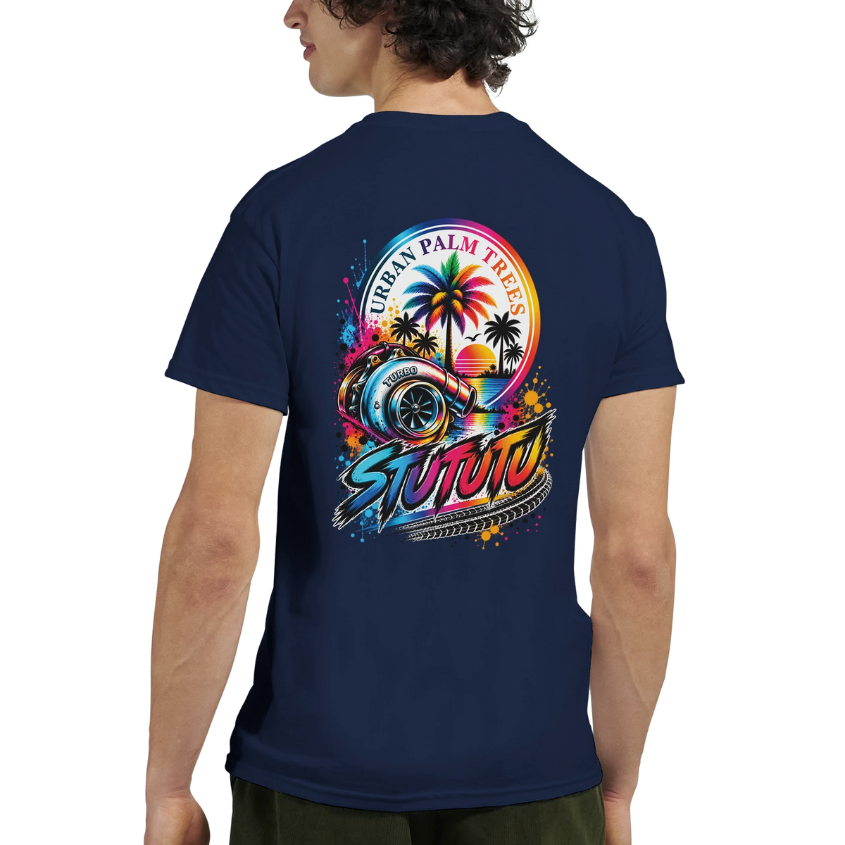 Navy men's graphic tee back featuring vibrant turbo, palm trees, and "Urban Palm Trees" text in retro sunset style.