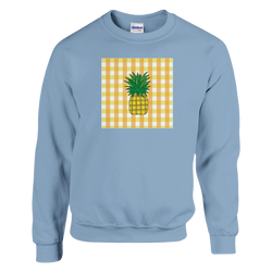 Light blue retro sweatshirt featuring a pineapple graphic on a yellow gingham square background for a vintage tropical streetwear look.