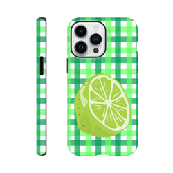 Lime green gingham iPhone case featuring a citrus slice illustration with shock-absorbing protection and glossy finish.