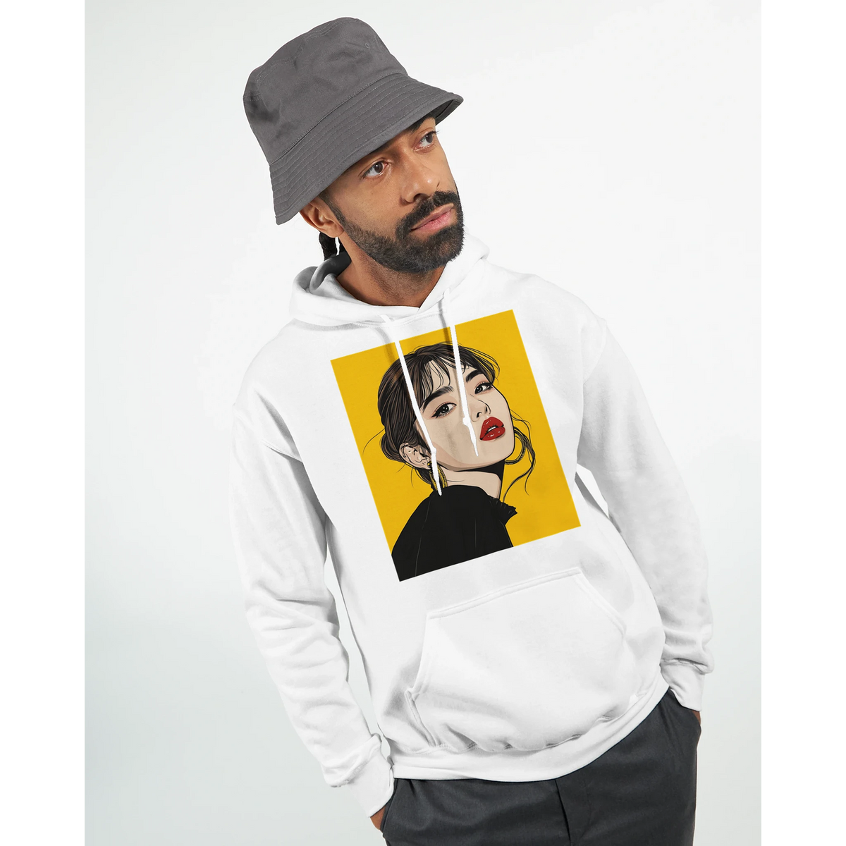 White pullover hoodie featuring retro brunette pop art woman illustration on yellow background, vintage streetwear graphic for men.