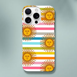 Retro iPhone case with celestial sun faces featuring a face on colorful horizontal stripes in pink, blue, yellow, and orange.