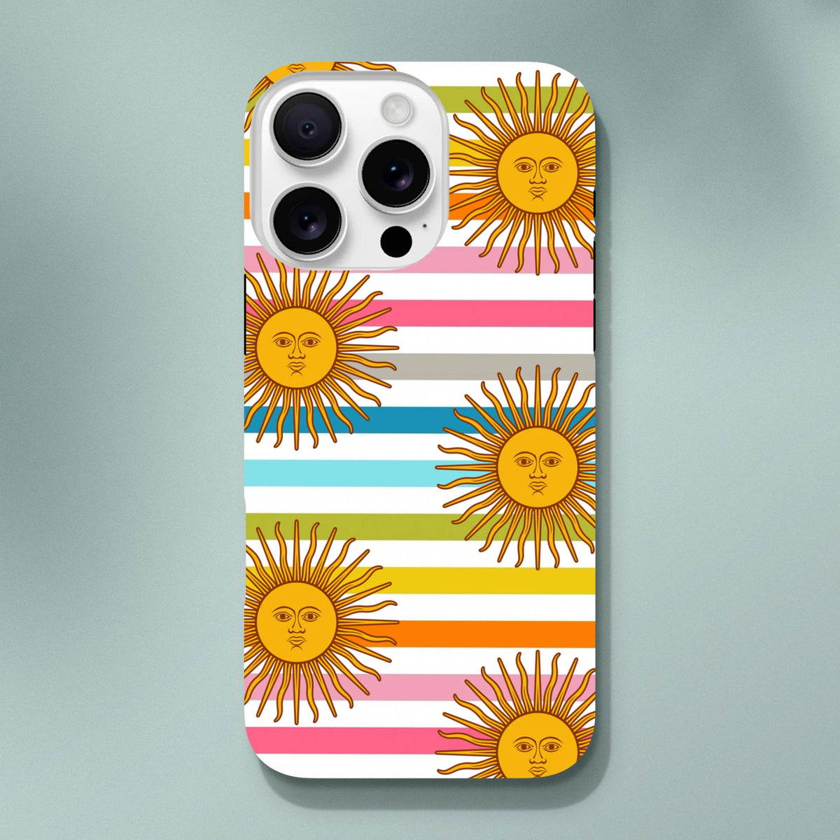 Retro iPhone case with celestial sun faces featuring a face on colorful horizontal stripes in pink, blue, yellow, and orange.