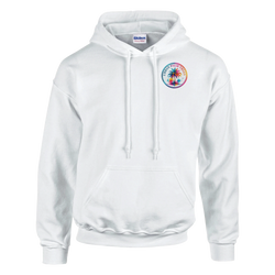 White pullover hoodie with colorful circular Urban Palm Trees graphic on chest, front pouch pocket, and double-lined hood.