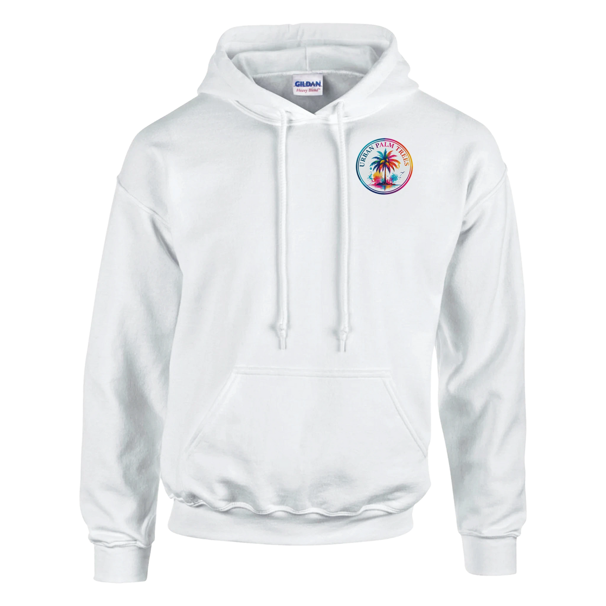 White pullover hoodie with colorful circular Urban Palm Trees graphic on chest, front pouch pocket, and double-lined hood.
