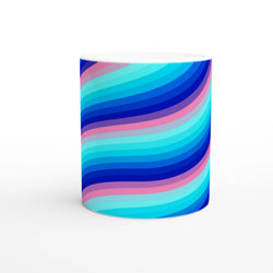 Blue and pink retro wave swirl ceramic coffee mug with groovy Y2K vibe.