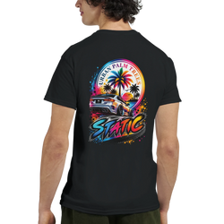 Black men's t-shirt back with colorful Static graphic featuring modified car, palm trees, and splatter art.