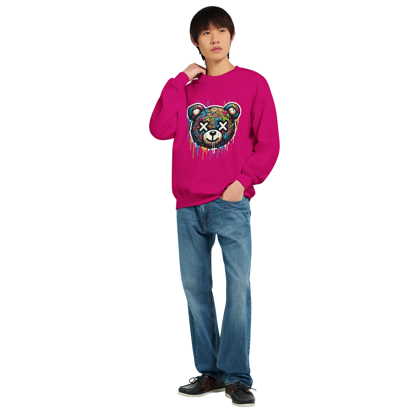 Person wearing a bright pink men's graphic sweatshirt with a colorful bear graphic on a white background. hand on shoulder