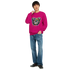 Man wearing bright pink Teddy Bear graphic sweatshirt with dripping paint design, paired with jeans.