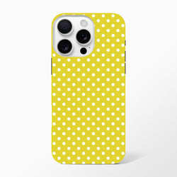 Yellow and white polka dot tough iPhone case for models 13-16. Cute vintage-style cover with impact-absorbing TPU protection.