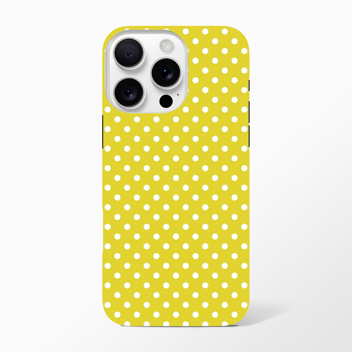 Yellow and white polka dot tough iPhone case for models 13-16. Cute vintage-style cover with impact-absorbing TPU protection.